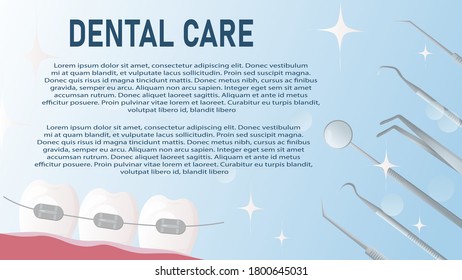 banner informativo para la atención de la clínica dental, dientes sanos con cepas e instrumentos médicos.  Servicios - tratamiento ortodóntico y enderezamiento de dientes. Ilustración vectorial plana