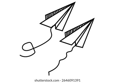 information banner. Editable stroke line Outline flying planes with dotted track direction. Hand drawing paper airplanes set Travel or message symbol. Black linear paper plane icon