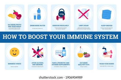 Information banner how to boost your immune system. Healthy habits for protection of human body health from diseases caused by viruses and bacteria. Vector infographics and text.