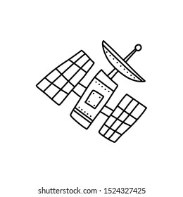 Information banner image space satellite cartoon. Complex scientific invention located outer space rotates along predetermined path, transmitting signals earth, sketch drawn style of art.