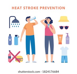 Information banner for preventing heat stroke with cartoon characters man and woman suffering from heat, flat vector illustration isolated on white background.