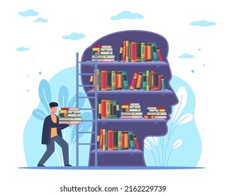 Information Base. Education In University Or College And Self-education, Knowledge Concept, Intelligence Man With Stack Of Books, Head With Bookshelves, Good Memory, Vector Illustration