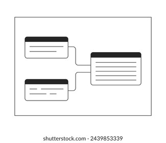 Bloques de información esquema blanco y negro 2D línea de dibujos animados objeto. Conexión de alambre de sitio web línea aislada elemento vector fondo blanco. Ilustración monocromática de punto plano de desarrollo de software