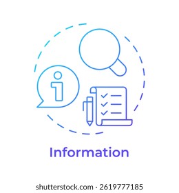 Icono de concepto de gradiente azul de información. Análisis, seguimiento. Lista de verificación, cumplimiento. Ilustración de línea de forma redonda. Abstractas idea. Diseño gráfico. Fácil de usar en infografía, presentación