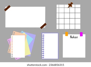 Information board with blank paper sticky notes for reminder, to-do list, planner, schedule. Various Paper notes on stickers. Hand drawn Vector Illustration. Cartoon style. All elements are isolated