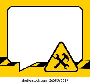 Informationstafel. Vorsichtsstreifen. Reparaturwerkzeuge. Laufende Arbeiten. Im Bau. Bau, Reparatur, Update Zone Konzept. Vektorgrafik.