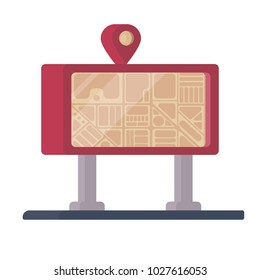Information board and city map stand with geolocation mark. Tourist navigation urban public map .Flat  vector illustration.