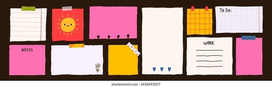 Information board with various paper stickers and stickers Isolated elements