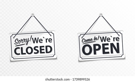 Information boards with the inscription, Come in we're open and Sorry, We are closed. White signboard with a rope on  background. Business concept for closed and open businesses, sites and services