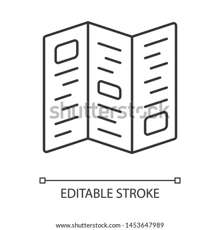 Information booklet, brochure linear icon. Advertising pamphlet thin line illustration. Unfolded paper sheet contour symbol. College advertisement vector isolated outline drawing. Editable stroke