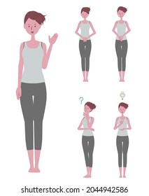 (Information, bowing, convincing, wondering) Illustration set of a woman wearing yoga wear