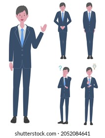 (Information, bowing, convincing, wondering) Illustration set of a man in a blue suit