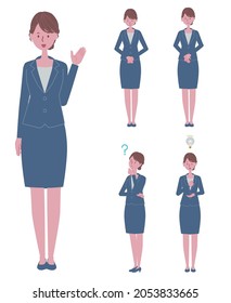 (Information, bowing, convincing, wondering) Illustration set of a woman in a blue suit