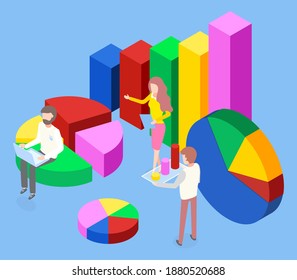 Information business statistics and digital indicator element, infographics template. Man and woman near diagram consisting of vertical color rectangular bar, different pie charts. Step growing chart