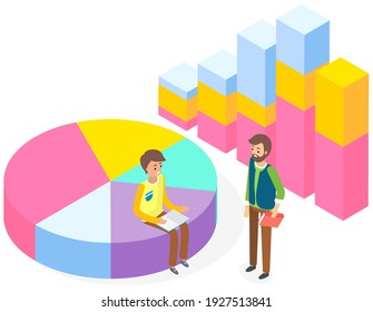 Information business statistics and digital indicator element, infographics template. Men communicating near diagram consisting of color rectangular bar, different pie charts. Step growing chart
