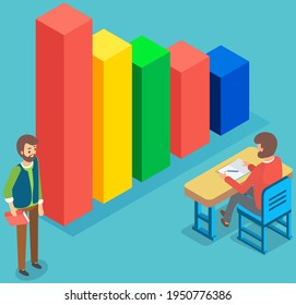 Information business statistics digital indicator element, infographics. Men standing near diagram