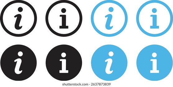 Information button icon set. Blue and black round information icon buttons isolated on transparent background. Info symbol. Information help vector illustration.