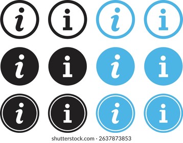 Information button icon set. Blue and black round information icon buttons isolated on transparent background. Info symbol. Information help vector illustration.