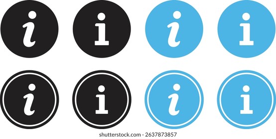 Information button icon set. Blue and black round information icon buttons isolated on transparent background. Info symbol. Information help vector illustration.