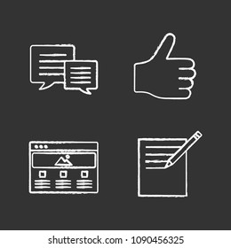 Information center chalk icons set. Chatting, taking notes, thumbs up, web page. Isolated vector chalkboard illustrations