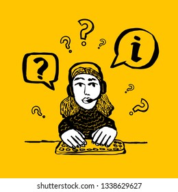 Information center concept. Call center, customer support, helpdesk or info service concept. Web banner with female character with a headset on yellow background. Doodle ink style vector illustration