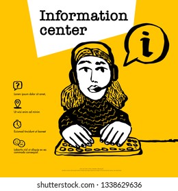 Information center concept. Call center, customer support, helpdesk or info service concept. Web banner with female character with a headset on yellow background. Doodle ink style vector illustration