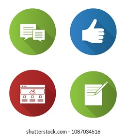 Information center flat design long shadow glyph icons set. Chatting, taking notes, thumbs up, web page. Vector silhouette illustration