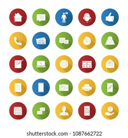 Information center flat design long shadow glyph icons set. Office supplies, communication devices, support service. Vector silhouette illustration