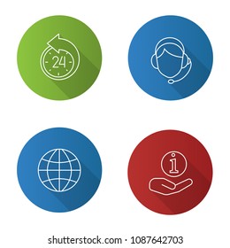 Information center flat linear long shadow icons set. Reschedule, globe, helpdesk, call center operator. Vector outline illustration