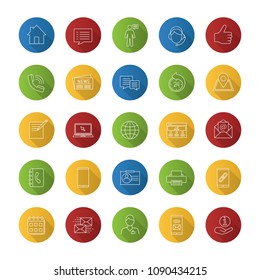 Information center flat linear long shadow icons set. Office supplies, communication devices, support service. Vector outline illustration