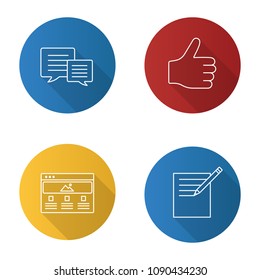 Information center flat linear long shadow icons set. Chatting, taking notes, thumbs up, web page. Vector outline illustration