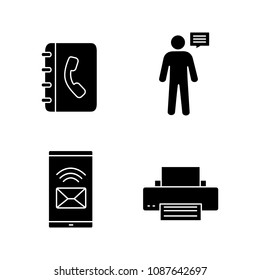 Information center glyph icons set. Telephone book, announcement, incoming message, printer. Silhouette symbols. Vector isolated illustration