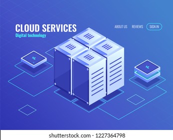Information center isometric icon, wires connect technical objects, data exchange, server, 3d vector blue banner Information center isometric icon, wires connect technical objects, data exchange, server, 3d vector blue banner