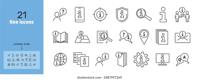 Information center line icon set. Guide, manual, help, hint, answer, tutorial, booklet, leaflet, search, settings, web, book, flyer, reception vector illustration. Editable Stroke.