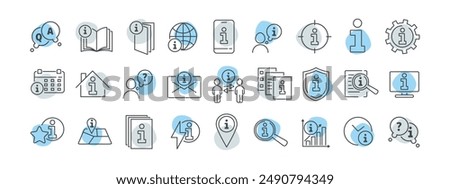 Information center line icon set. Guide, manual, help, hint, answer, tutorial, booklet, leaflet, search, settings, web, book, flyer, reception vector illustration. Editable Stroke.