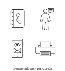 Information center linear icons set. Telephone book, announcement, incoming message, printer. Thin line contour symbols. Isolated vector outline illustrations