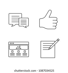 Information center linear icons set. Chatting, taking notes, thumbs up, web page. Thin line contour symbols. Isolated vector outline illustrations