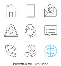 Information center linear icons set. Homepage, smartphone, email, GPS, hotline, chat, call, helpdesk, globe. Thin line contour symbols. Isolated vector outline illustrations
