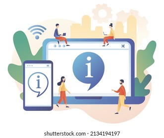 Information center online. Info symbol in smartohone app and laptop web site. Customer support, useful information, guides, frequently asked questions. Modern flat cartoon style. Vector illustration 