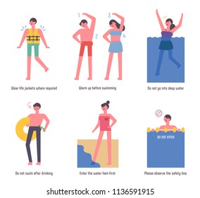 Information characters on safety before swimming. flat design style vector graphic illustration set