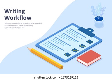 Information checklist or people filling in questionnaire, marked on checklist, flat isometric vector illustration