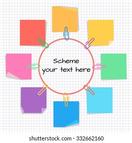information circle from sticky note paper and clips, blank for information on sheet checkered paper