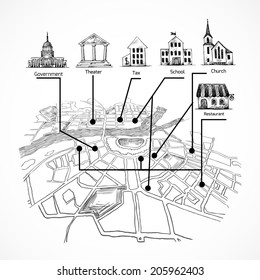 Information city map for travel navigation with buildings icons of  government theater tax school church restaurant vector illustration