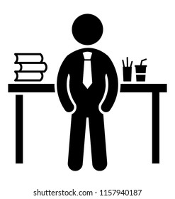 
An information clerk is standing with having books and stationary on table 
