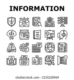 Information und Client-unterstützende Symbole setzen Vektorgrafik. Broschüre mit wichtigen Informationen und Anrufdienst oder Beratung, Hilfe zu Anleitungen, Handbuch für Handbuchliteratur, Schwarze Schulungsbilder