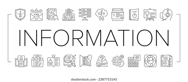 Information And Client Supporting Icons Set Vector. Brochure With Important Information And Call Service Support Or Advice, Guidance Help, Handbook Literature Manual Book Black Contour Illustrations