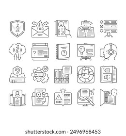 Informationen und Client-unterstützende Symbole setzen Vektor. Broschüre mit wichtigen Informationen und Call Service Support oder Beratung, Anleitung Hilfe, Handbuch Literatur Handbuch Buch Black Contour Illustrationen