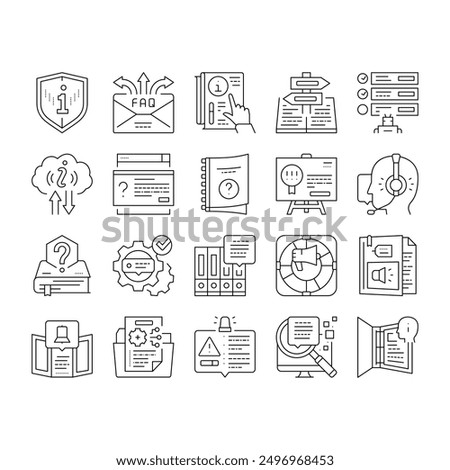 Information And Client Supporting Icons Set Vector. Brochure With Important Information And Call Service Support Or Advice, Guidance Help, Handbook Literature Manual Book Black Contour Illustrations