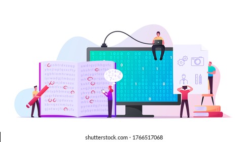 Information Coding Concept. Tiny Male and Female Characters at Huge Computer Monitor with Binary Code, People Marking Letters in Book Text to Encrypt Data, Espionage. Cartoon Vector Illustration