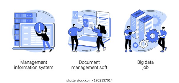Information collection and analysis abstract concept vector illustration set. Management information system, document management soft, big data job, sharing online, visualization abstract metaphor.